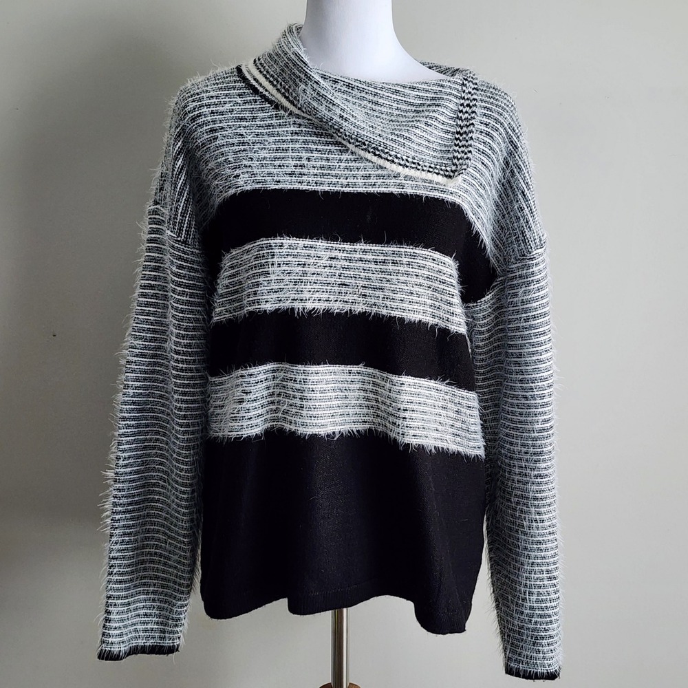 Laura Petites Striped Cowl Neck Sweater Womens XL P Black White Eyelash Knit